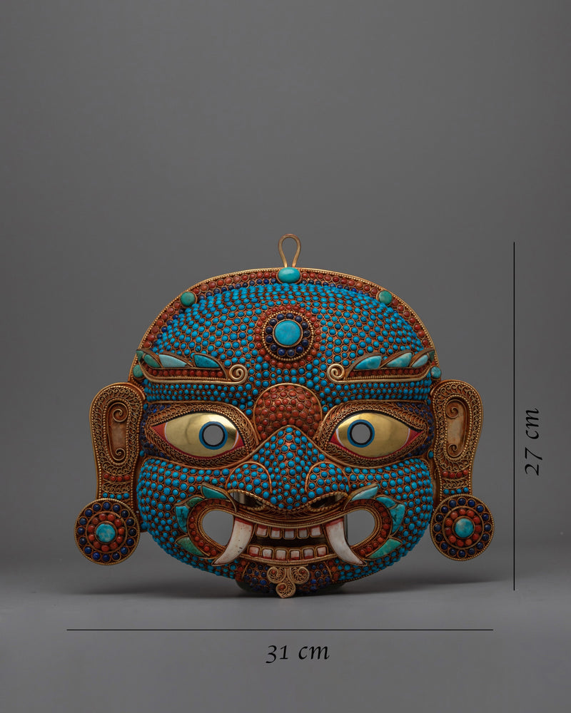 Authentic Nepali Lakhe Mask – Traditional Symbols and Vibrant Artistic Expression