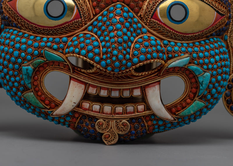 Authentic Nepali Lakhe Mask – Traditional Symbols and Vibrant Artistic Expression