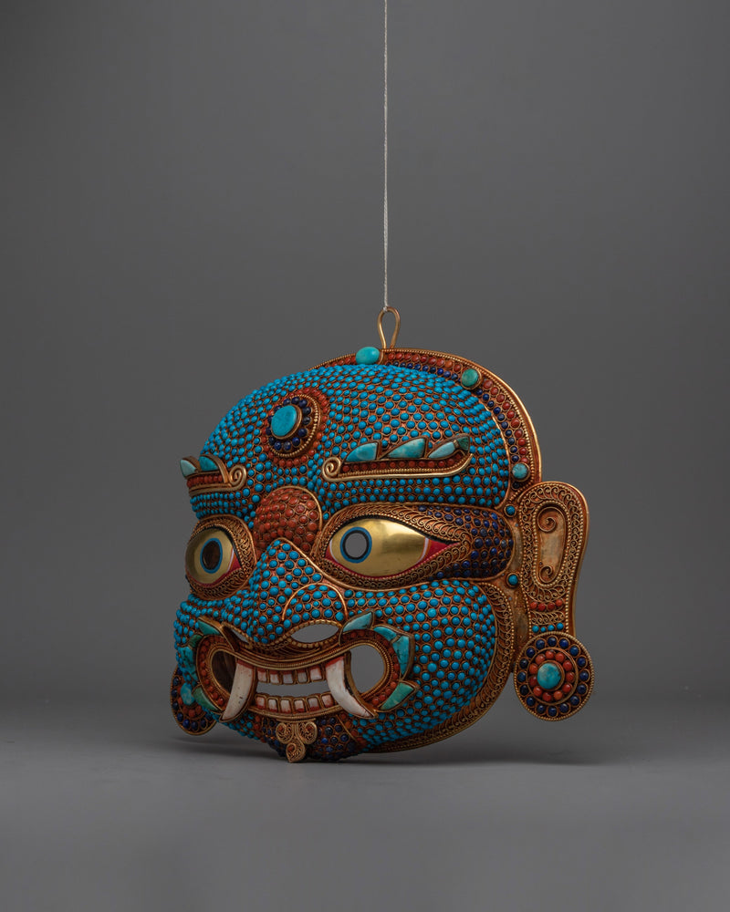 Authentic Nepali Lakhe Mask – Traditional Symbols and Vibrant Artistic Expression