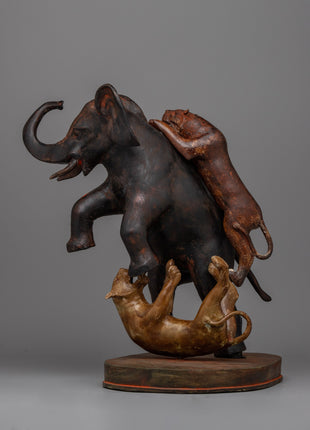Lion Attack Elephant Statue | Handcrafted Brass Sculpture for Home or Office