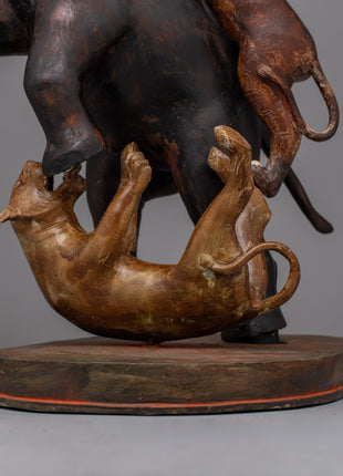 Lion Attack Elephant Statue | Handcrafted Brass Sculpture for Home or Office