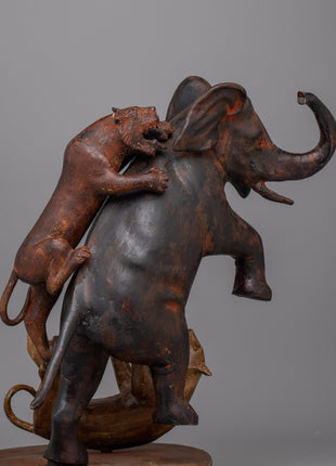 Lion Attack Elephant Statue | Handcrafted Brass Sculpture for Home or Office