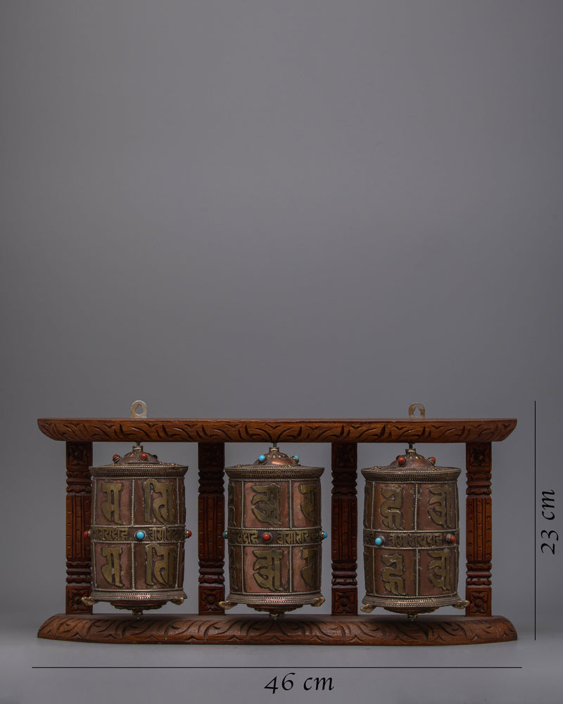 3-in-1 Buddhist Prayer Wheels with Wooden Wall Mount | Enhance Your Meditation Space