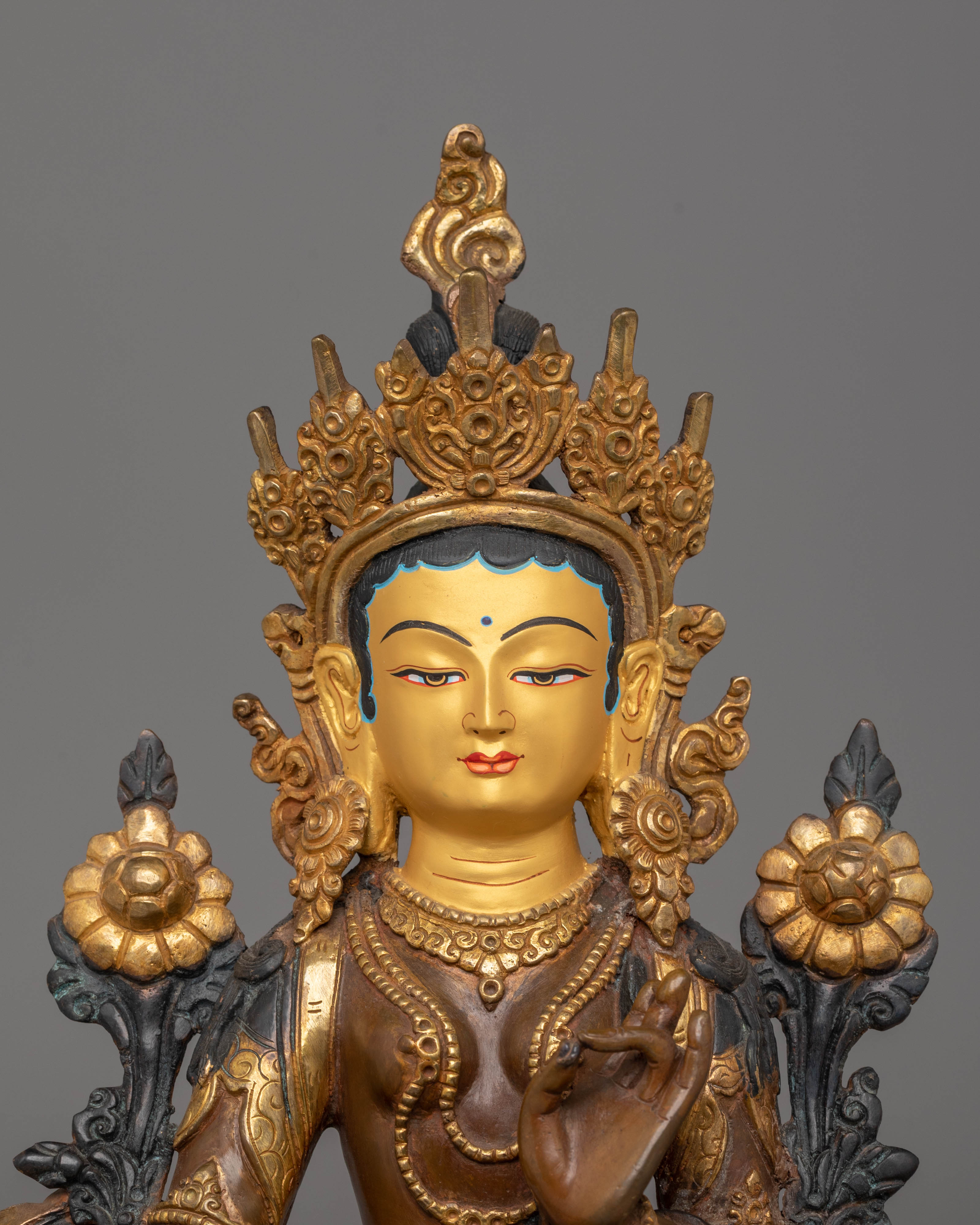 Green Tara Copper Handmade Statue | 24K Gold Plated Tibetan Goddess Art