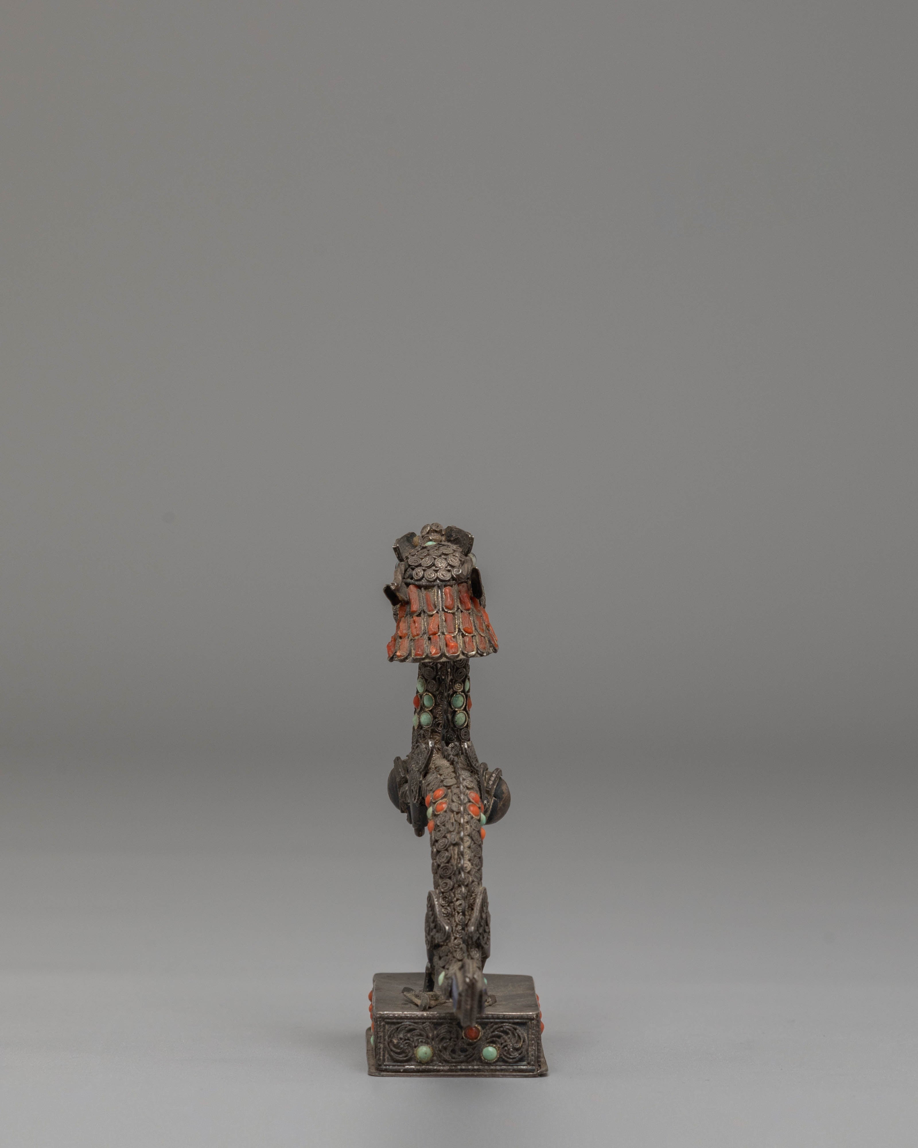 Handmade Dragon Sculpture | Silver Art Piece with Turquoise & Coral Gemstones