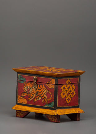 Hand-Painted Wooden Tiger Box | Tibetan Spiritual Storage Chest