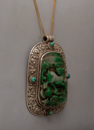 Jade Stone Pendant | Handmade with Carved Jade and Silver-Copper