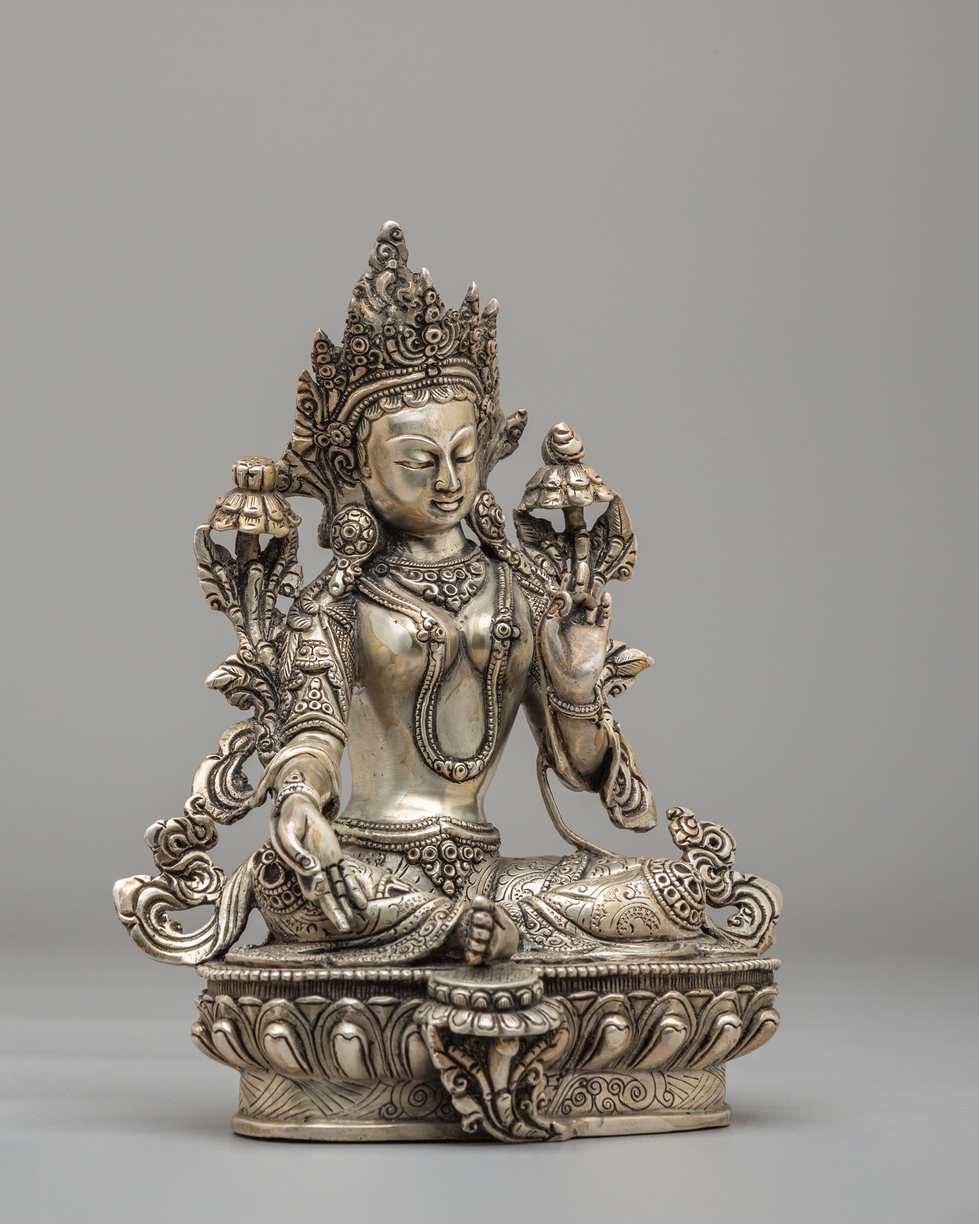 Green Tara Mother of Liberation Statue | Silver Plated Copper Buddhist Sculpture