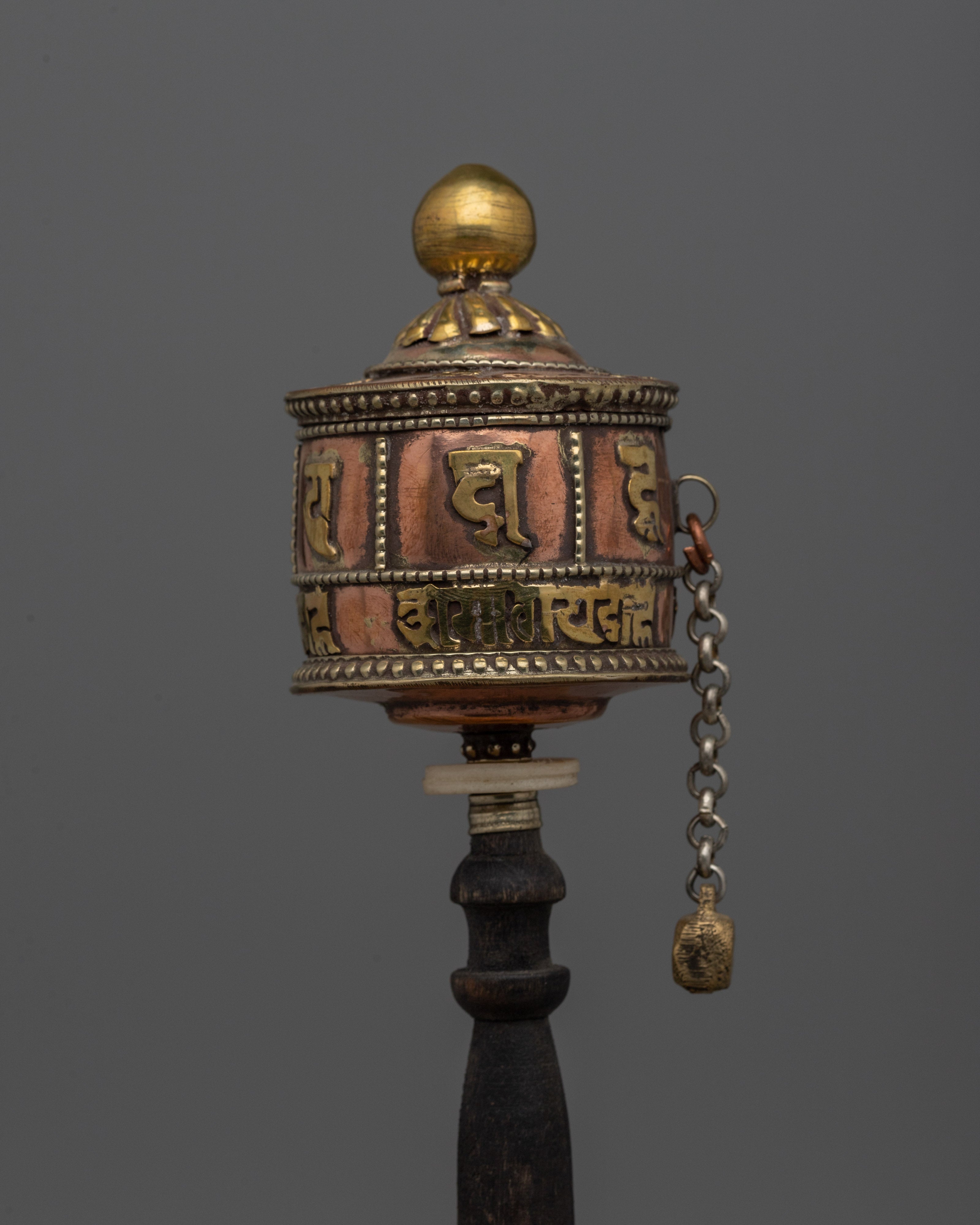 Tibetan Wood Handle Prayer Wheel | Hand-Made Meditation Accessory with Traditional Spiritual Significance