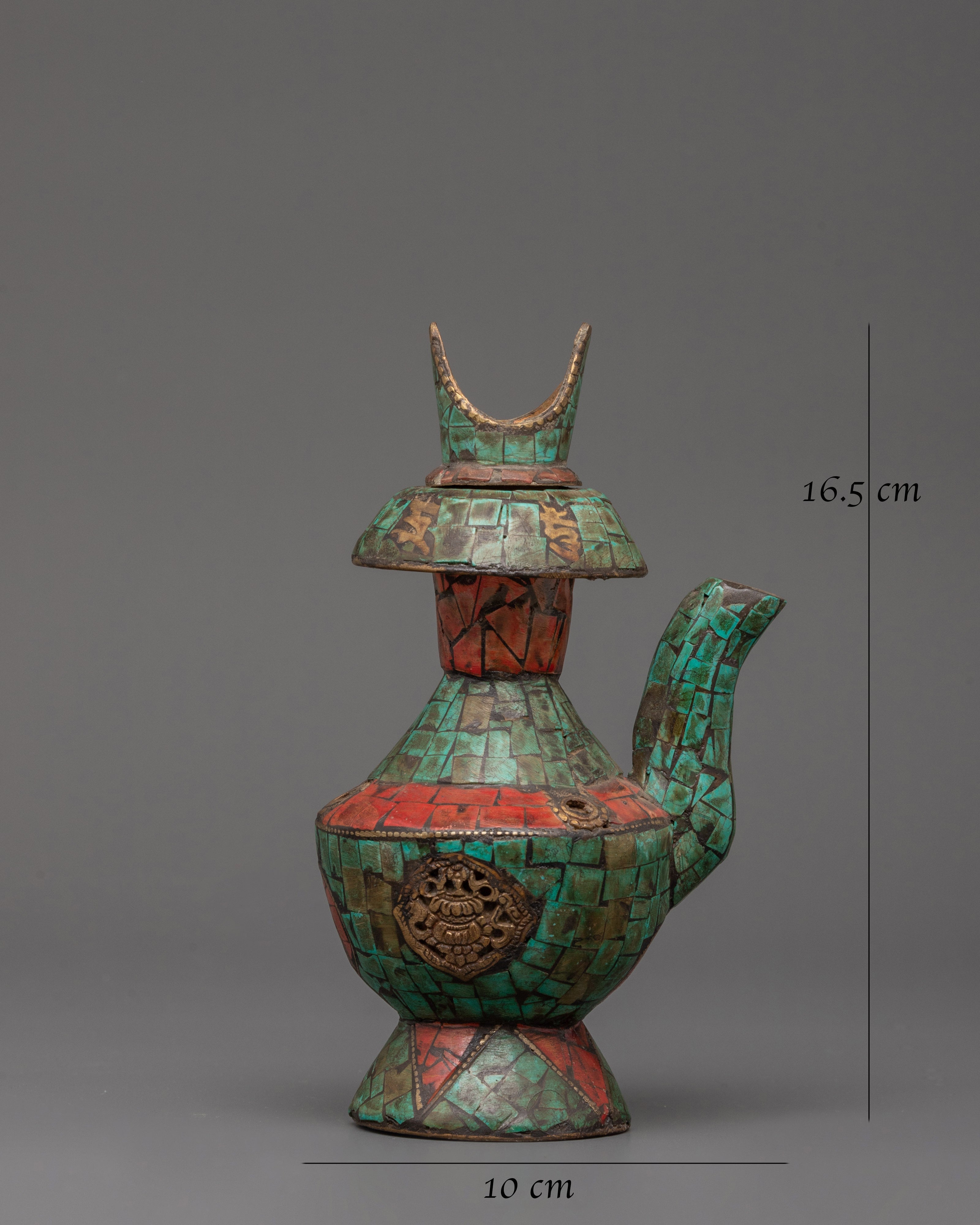 Tibetan Bhumba Set with Turquoise & Coral Inlay | Copper Ritual Water Vases