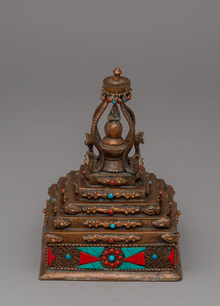 Authentic Buddhist Stupa in Oxidized Copper | Sacred Sculpture for Peace and Harmony