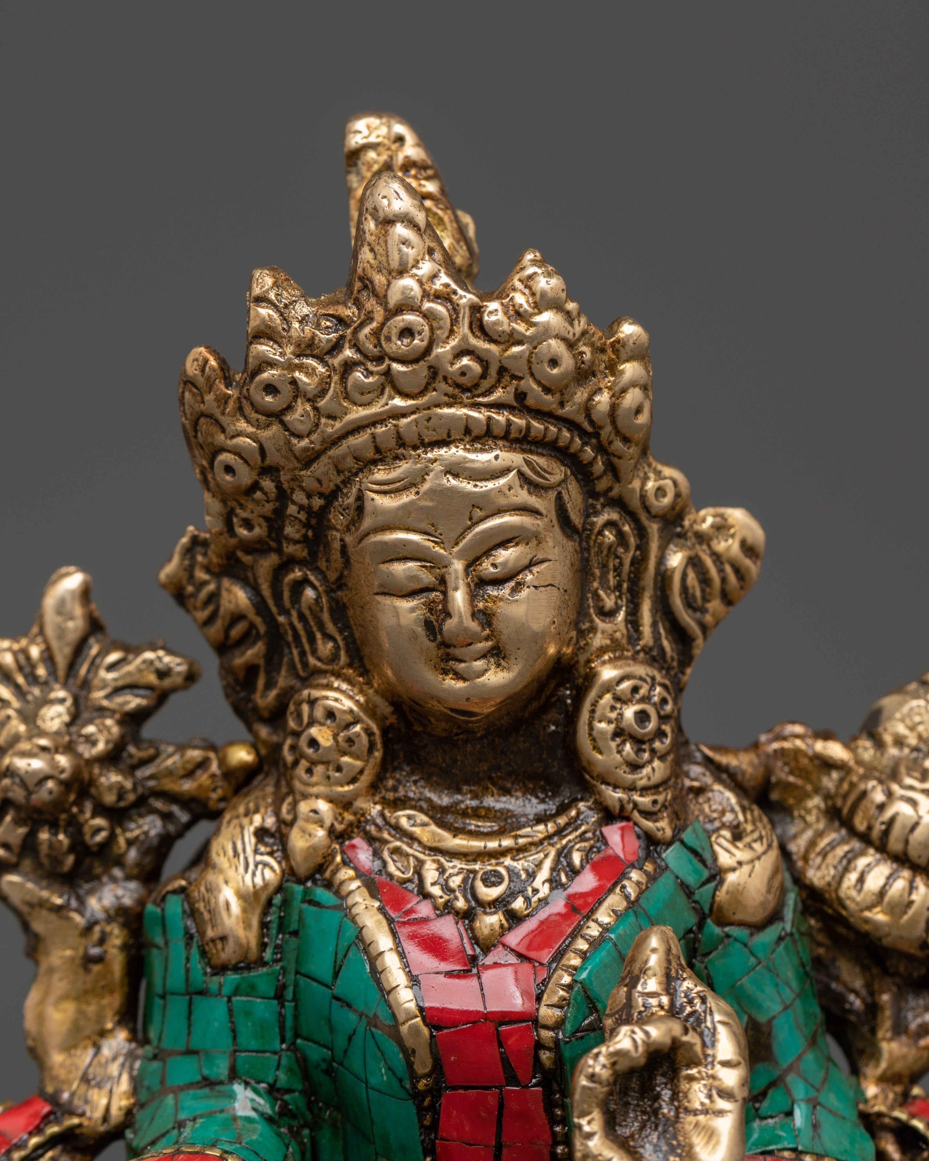 White Tara Handcrafted Brass Statue | Tibetan Art with Turquoise