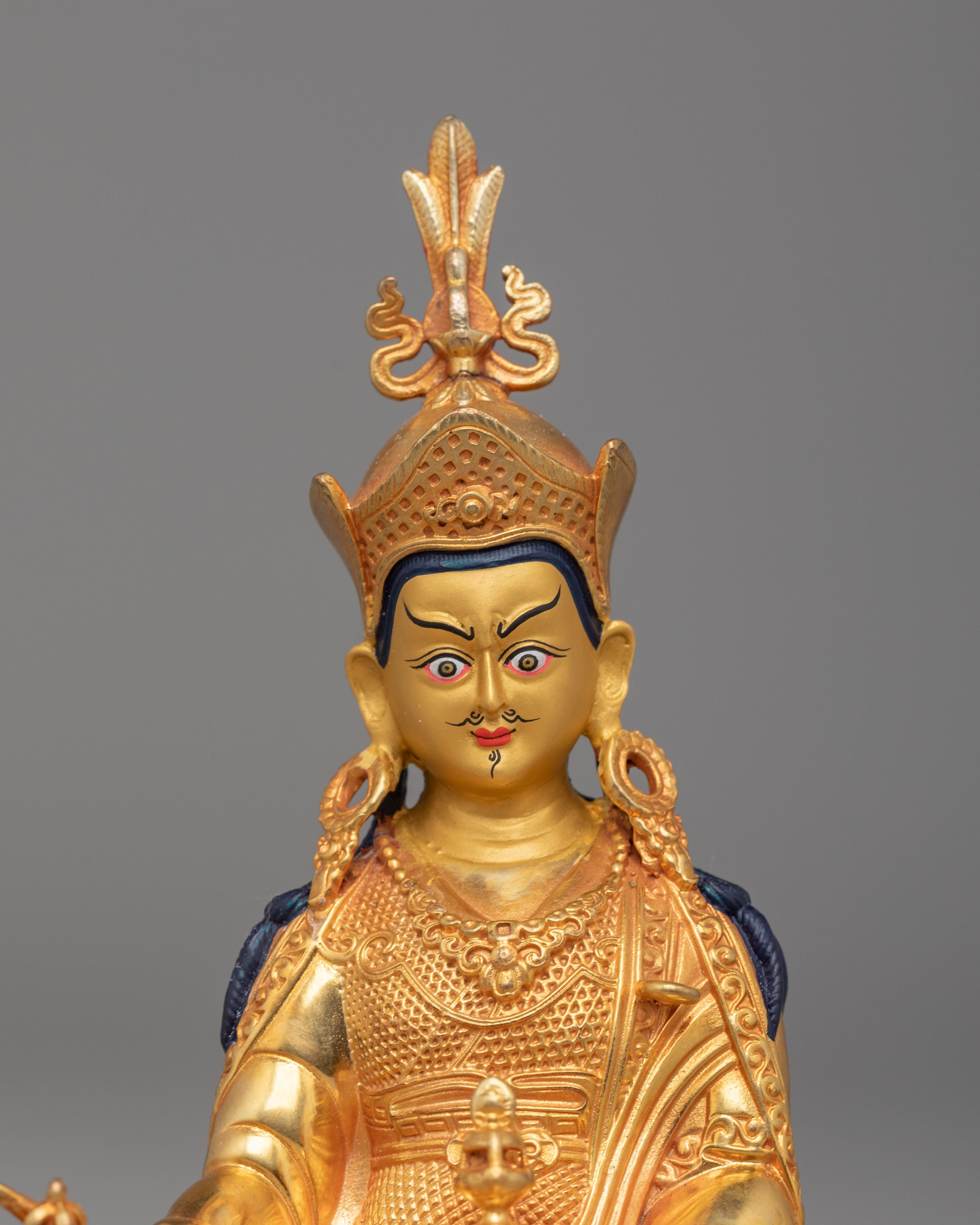 Machine Made Padmasambhava Statue | 24K Gold Plated Copper Buddhist Sculpture
