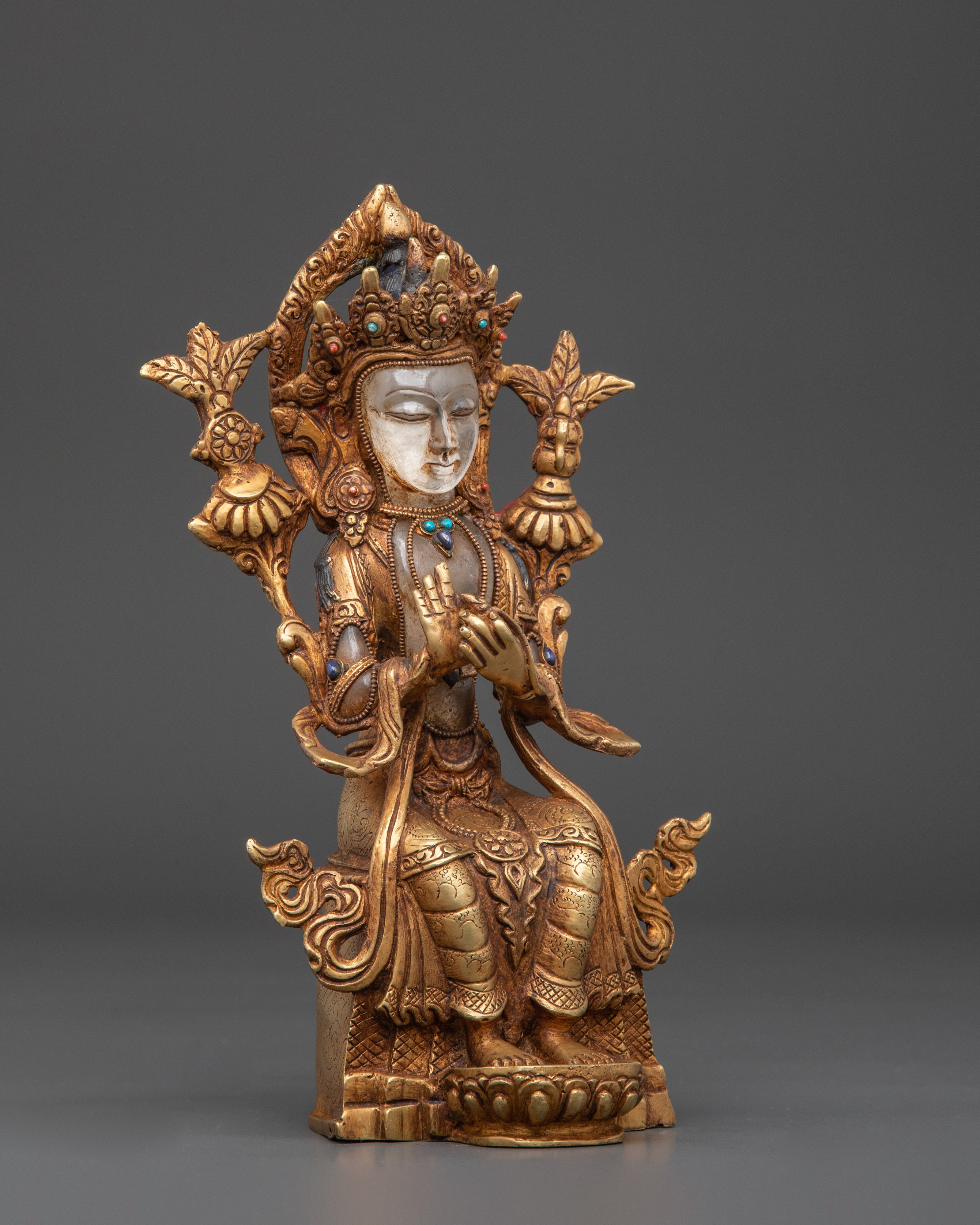 Future Buddha Maitreya Statue | Gold Plated Copper Sculpture with Crystal & Turquoise