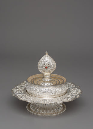 Handcrafted Silver Ritual Item Mandala Offering Set | 17.5cm Rice Offering Set