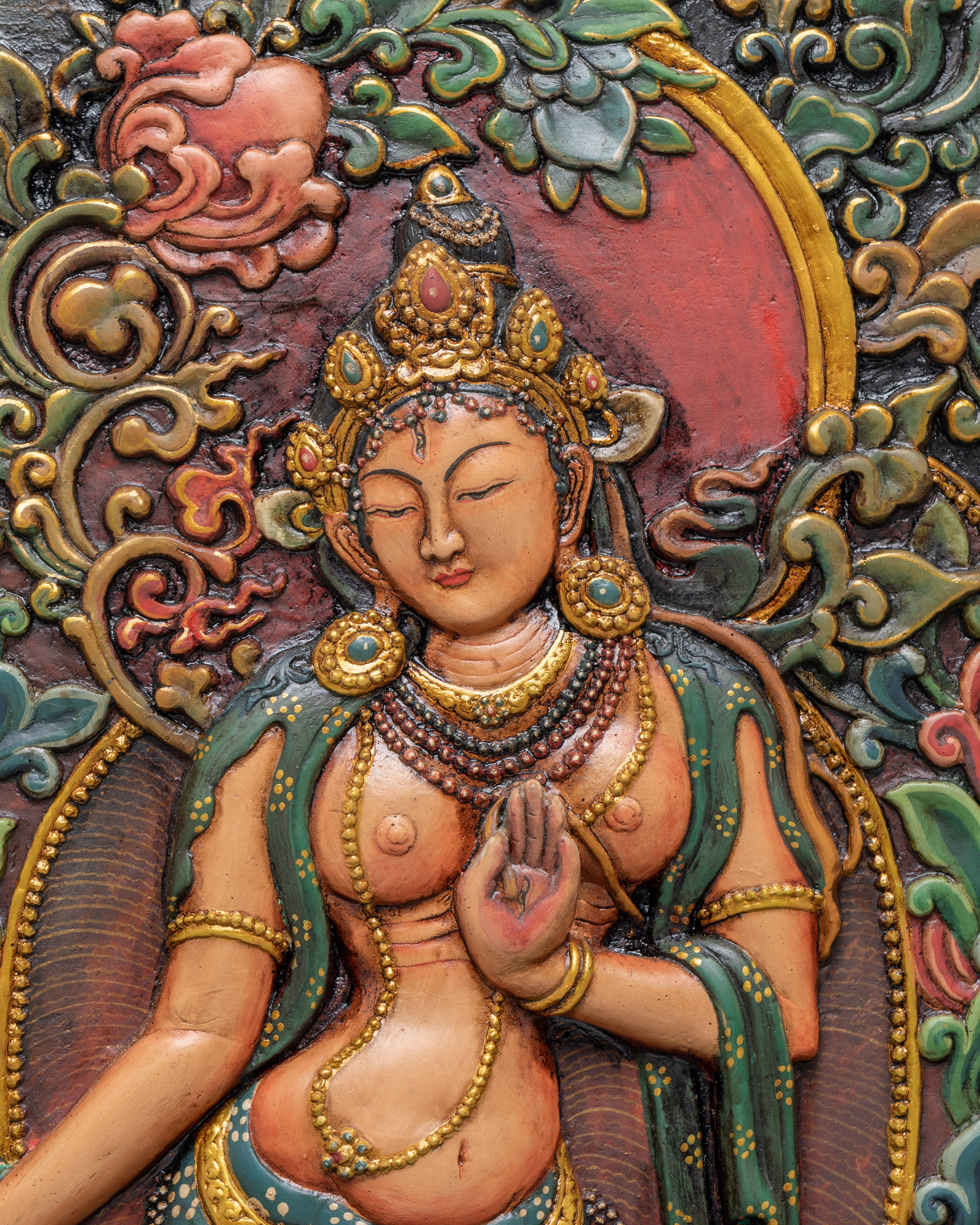 Tara Goddess Wall Hanging Relief Art | Handcrafted Tibetan Wooden Frame Decor