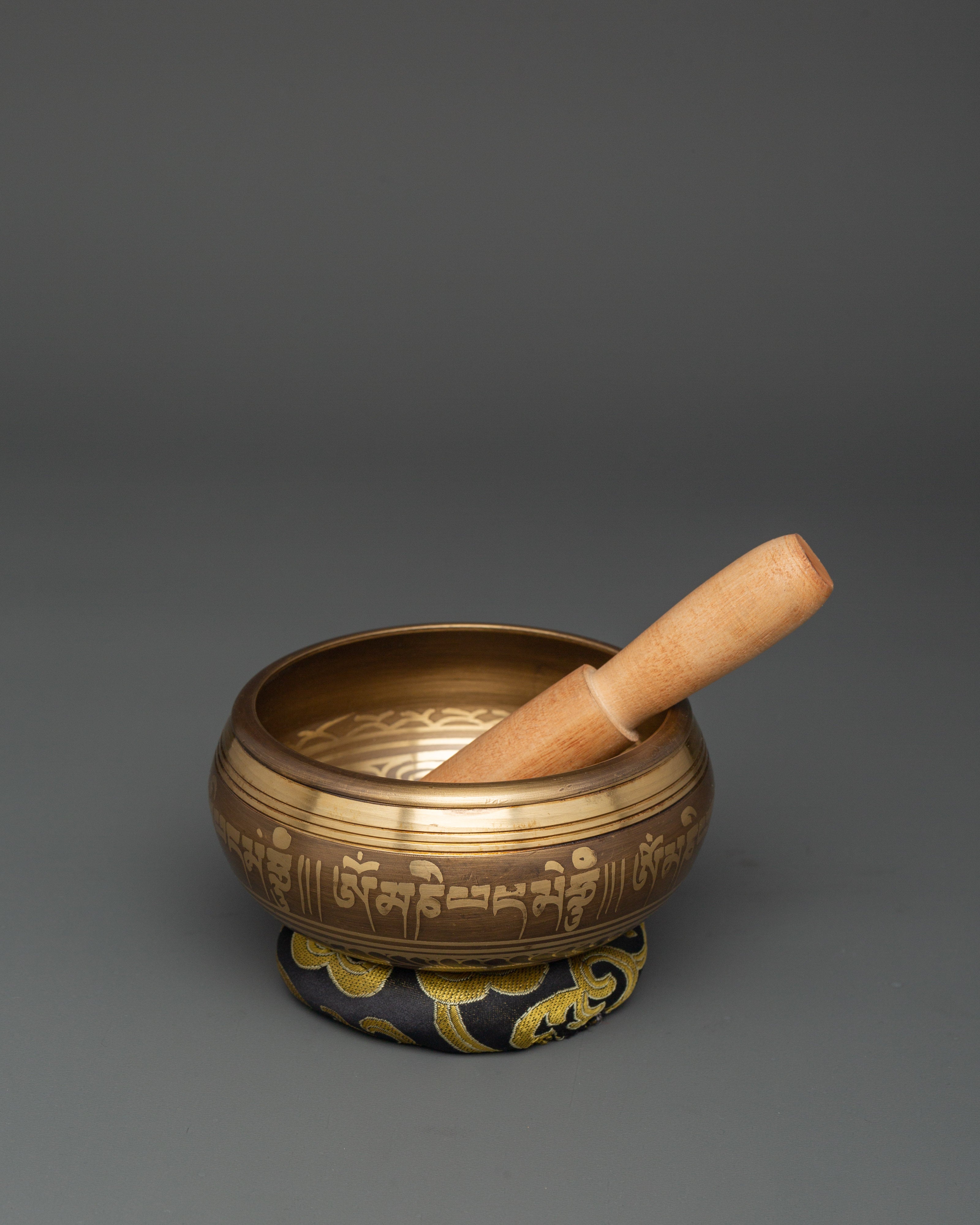 Singing Bowl with Five Buddhas Engraved | Tibetan Bowl with Cushion & Wooden Mallet