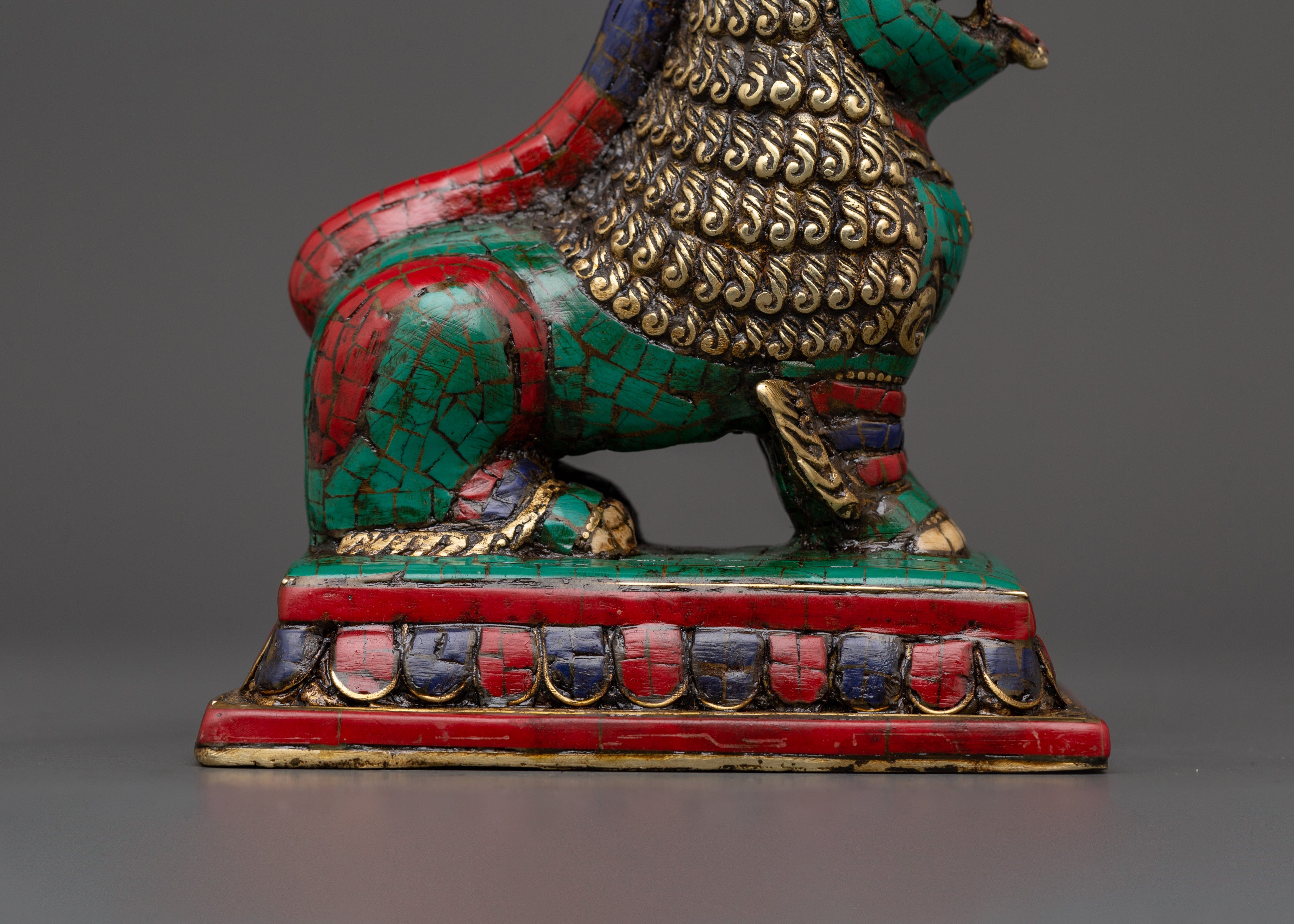 Tibetan Lion Set Brass Guardian Statues | Inlaid with Coral & Turquoise