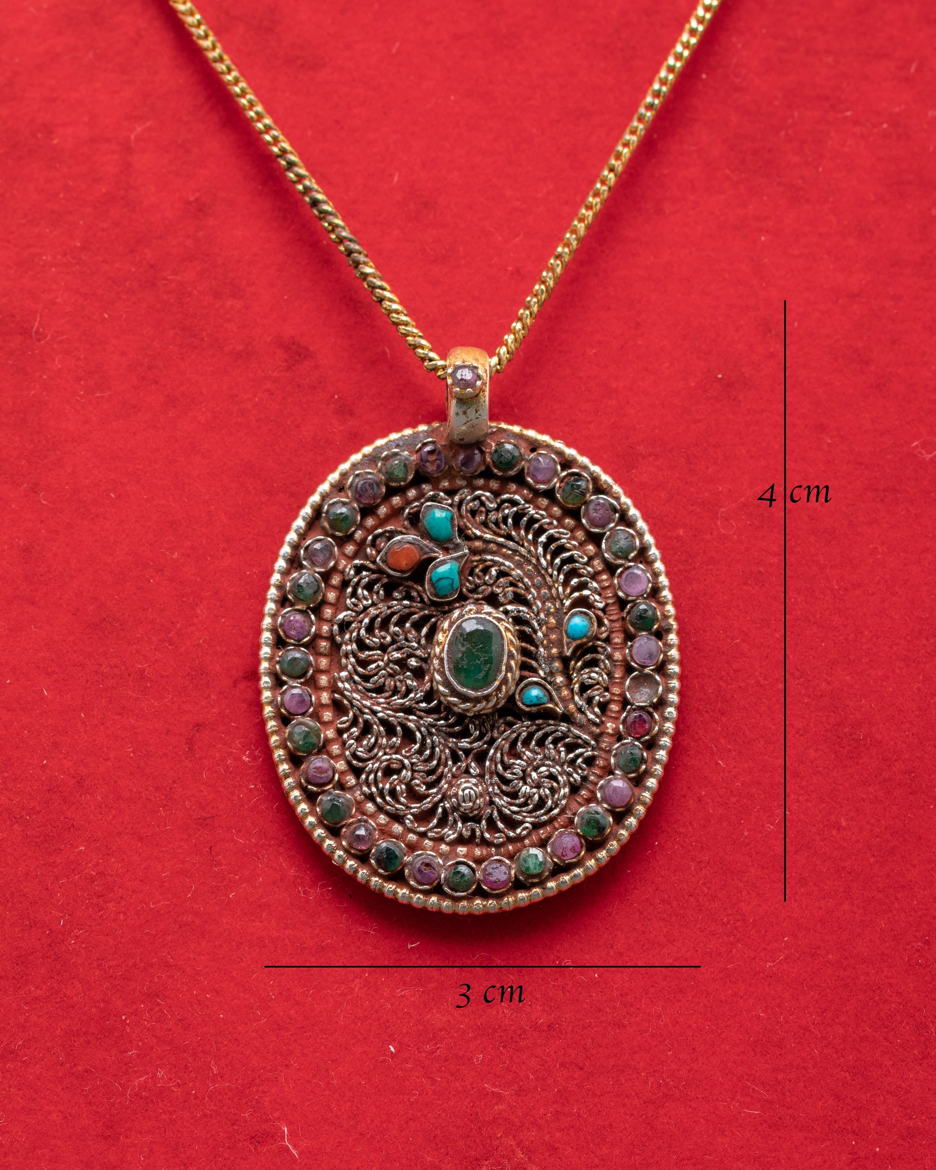 Silver Pendant with Intricate Filigree Design | Panna, Ruby, Coral & Turquoise Stones