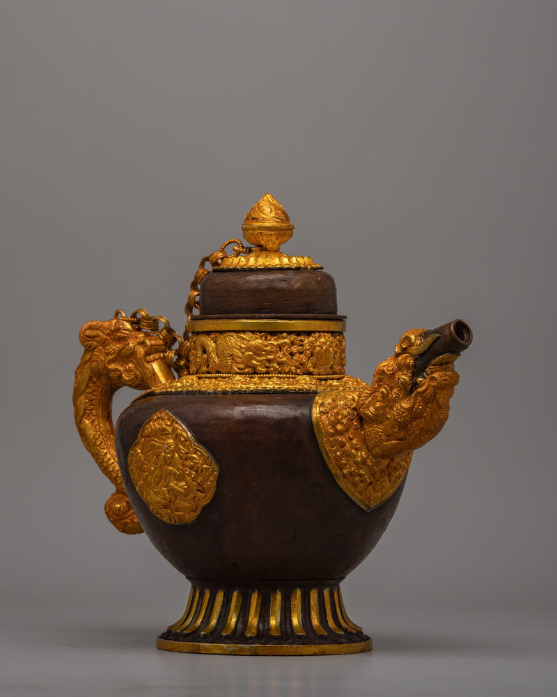 Tibetan Buddhist Tea Pot | Handcrafted Copper Teapot with Gold and Silver Plating