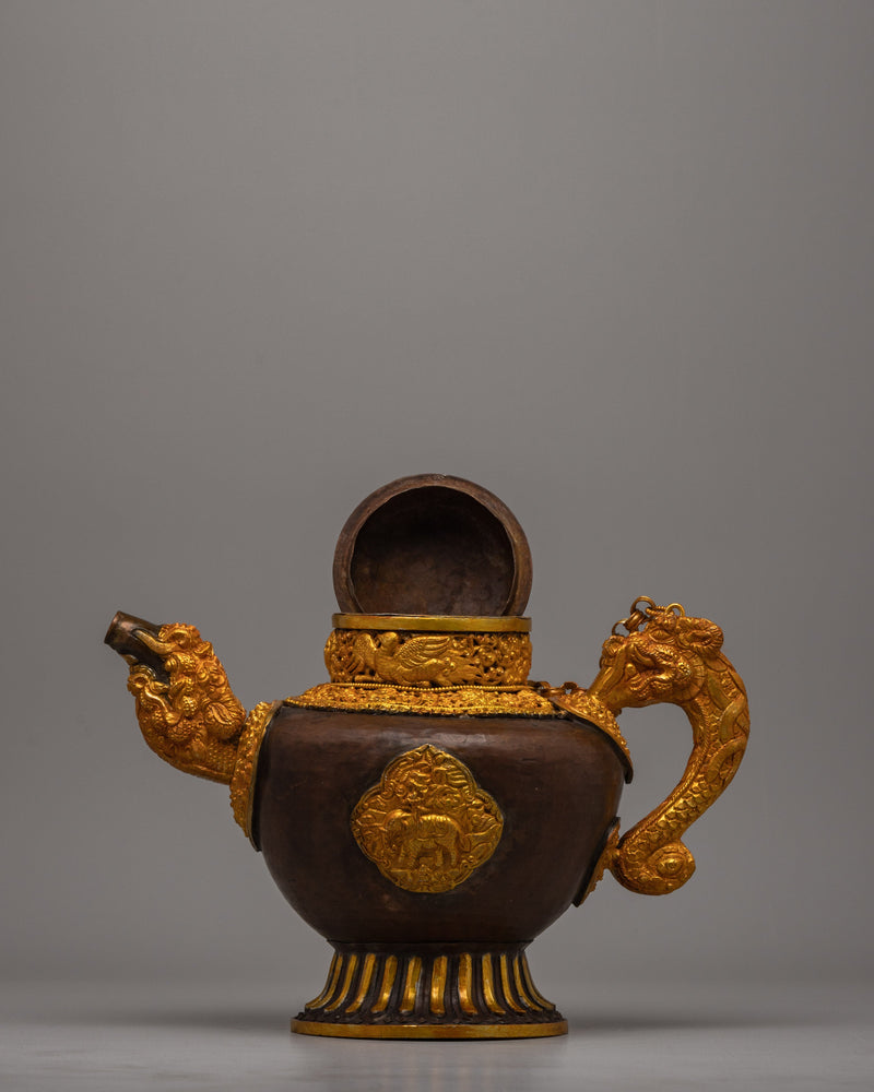 Tibetan Buddhist Tea Pot | Handcrafted Copper Teapot with Gold and Silver Plating