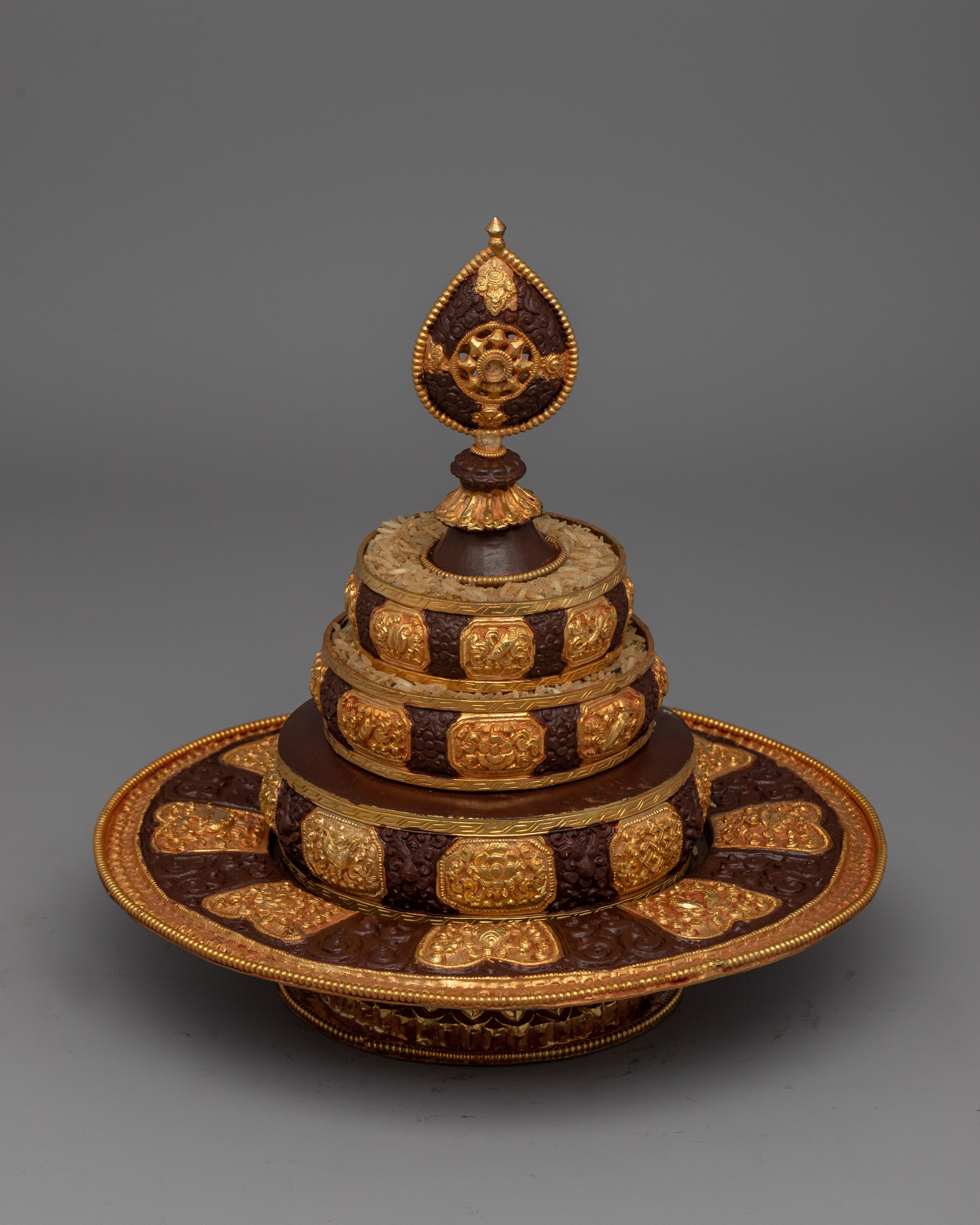 Traditional Tibetan Mandala Rice Offering Set | Sacred Ritual Piece in Gold and Copper