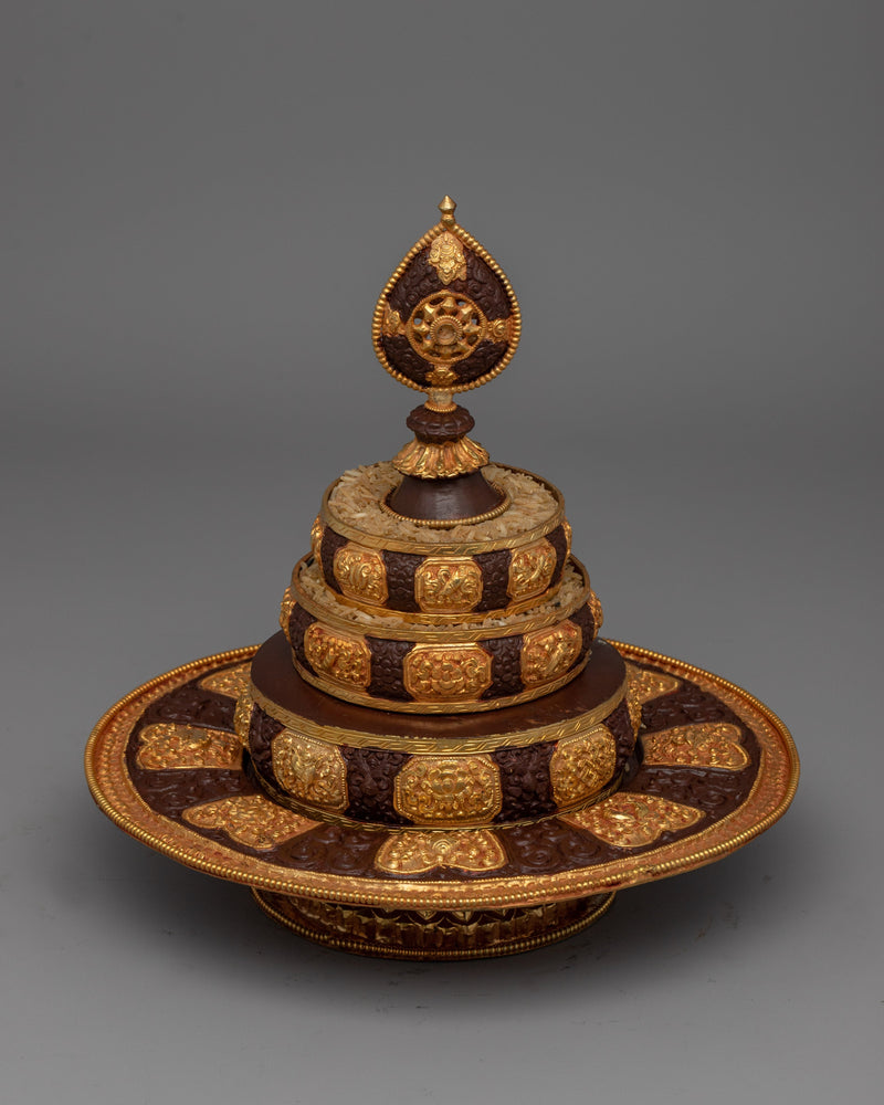 Traditional Tibetan Mandala Rice Offering Set | Sacred Ritual Piece in Gold and Copper