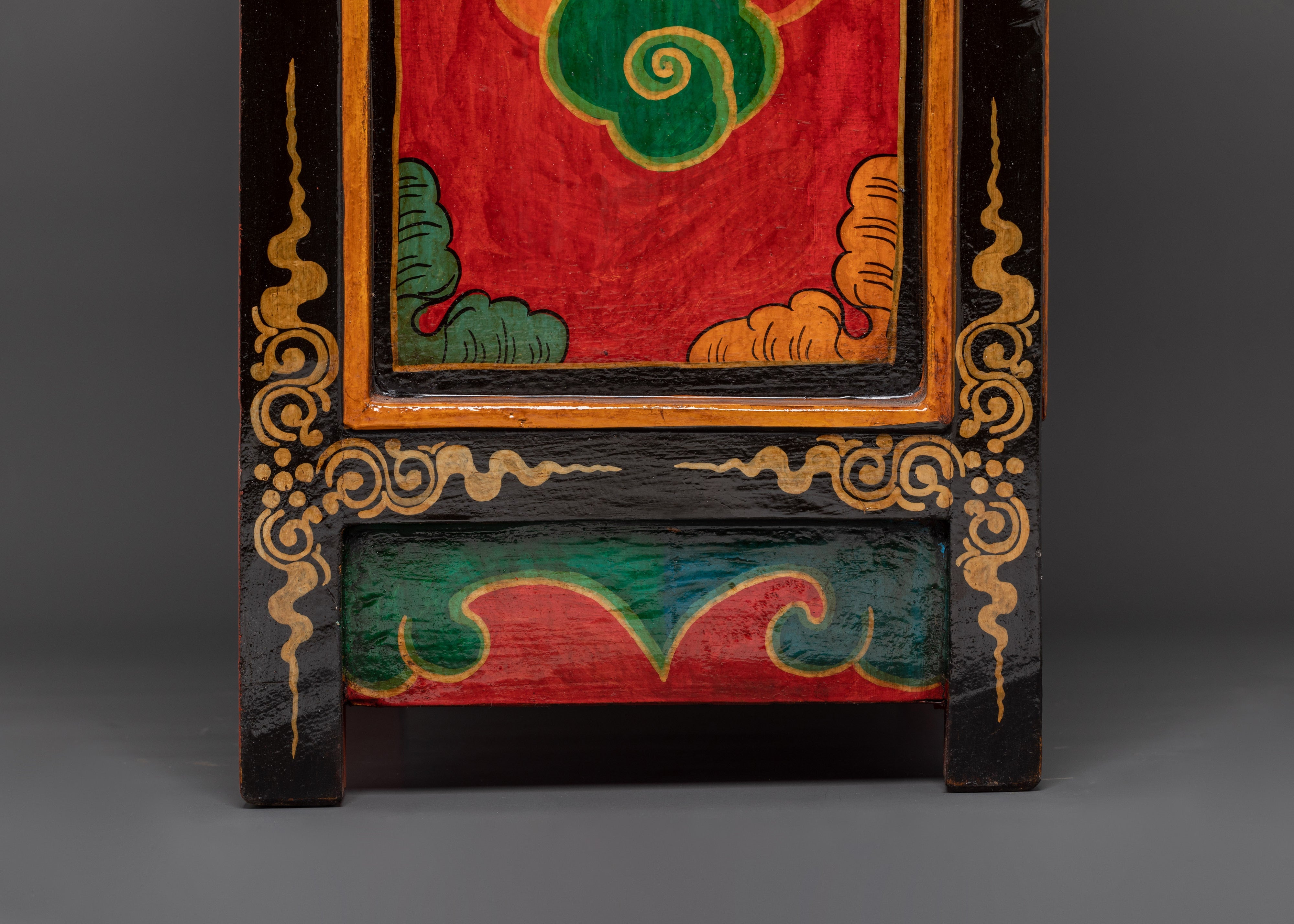 Handcarved Tibetan Wood Cabinet | Engraved Snow Lion Guardian