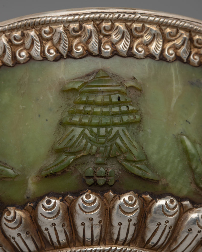 Tibetan Silver Jade Bowl |  Stunning Handcrafted Decorative Piece