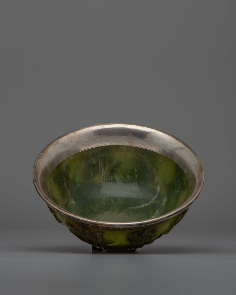 Tibetan Silver Jade Bowl |  Stunning Handcrafted Decorative Piece