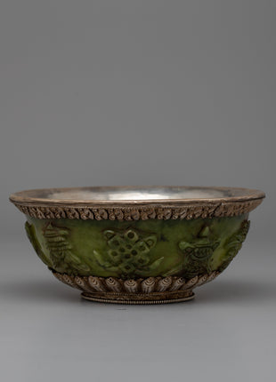 Jade Silver Tibetan Offering Bowl | Handcrafted Traditional Art