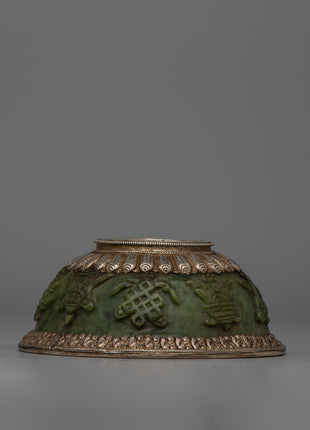 Jade Silver Tibetan Offering Bowl | Handcrafted Traditional Art