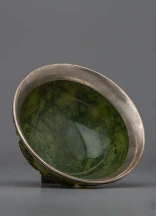 Jade Silver Tibetan Offering Bowl | Handcrafted Traditional Art