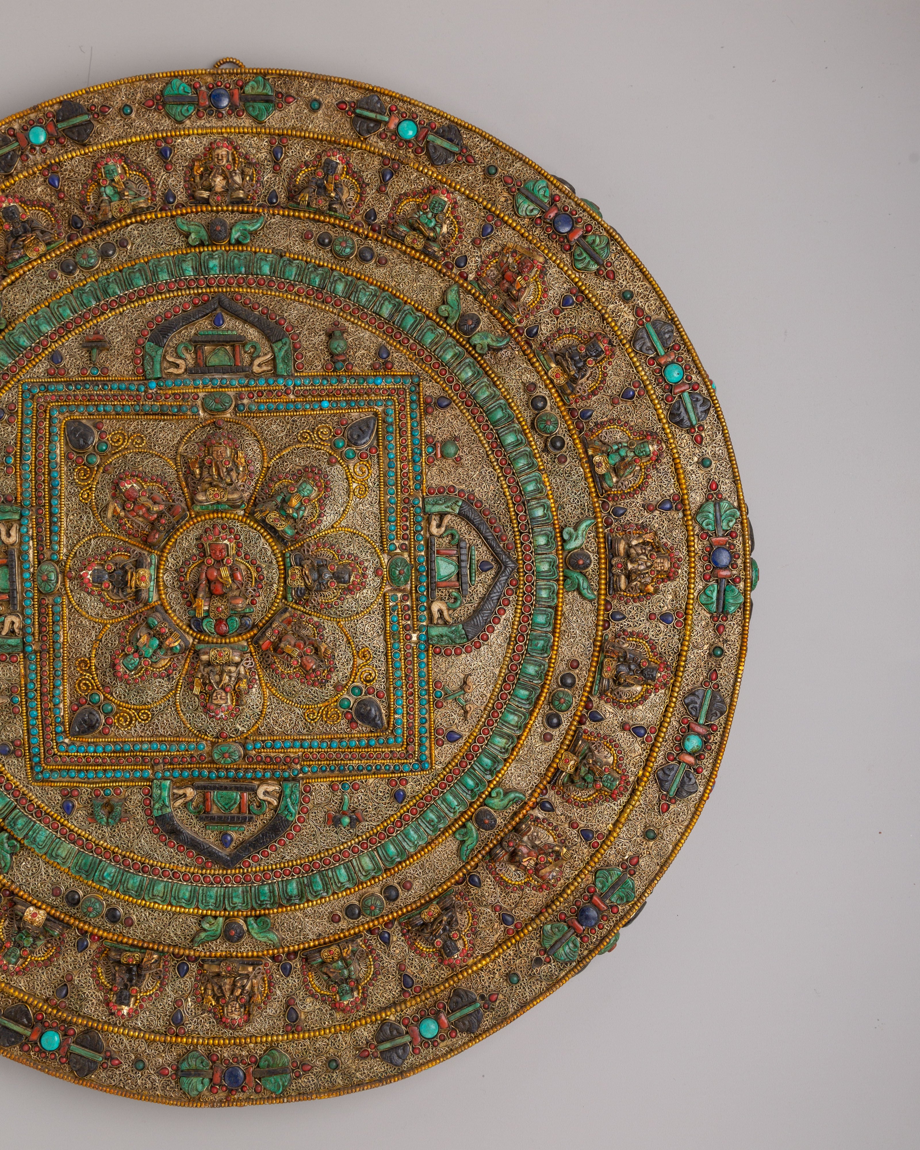 Mandala Wall Hanging with Deities | Silver Plated Gemstone Sacred Artwork