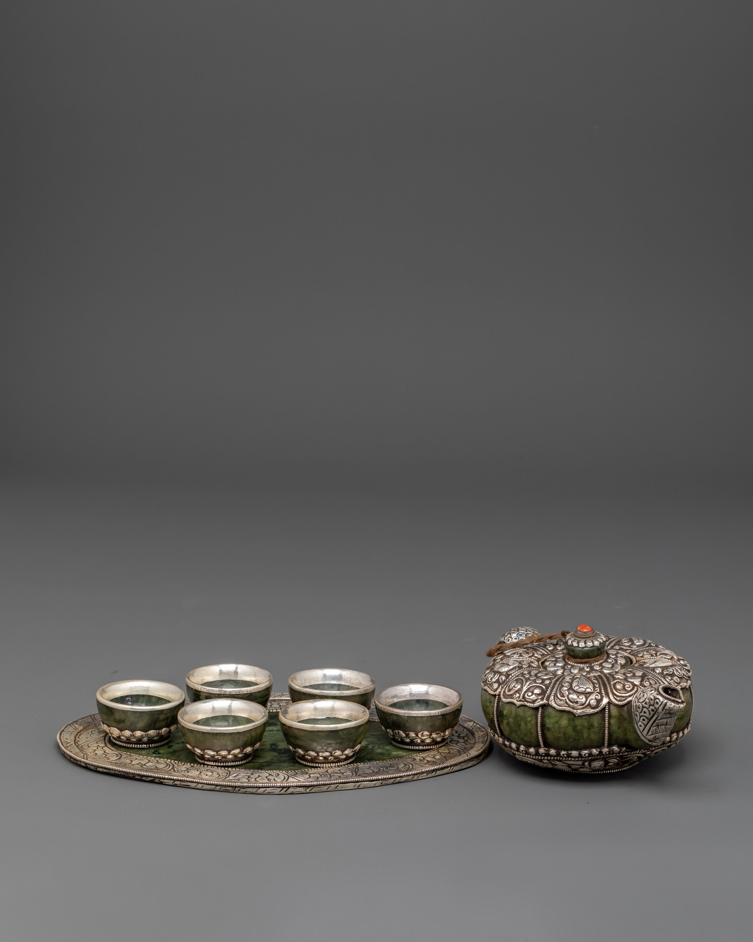 Handcrafted Tibetan Teapot & Offering Bowl Set | Green Jade & Silver Tea Set