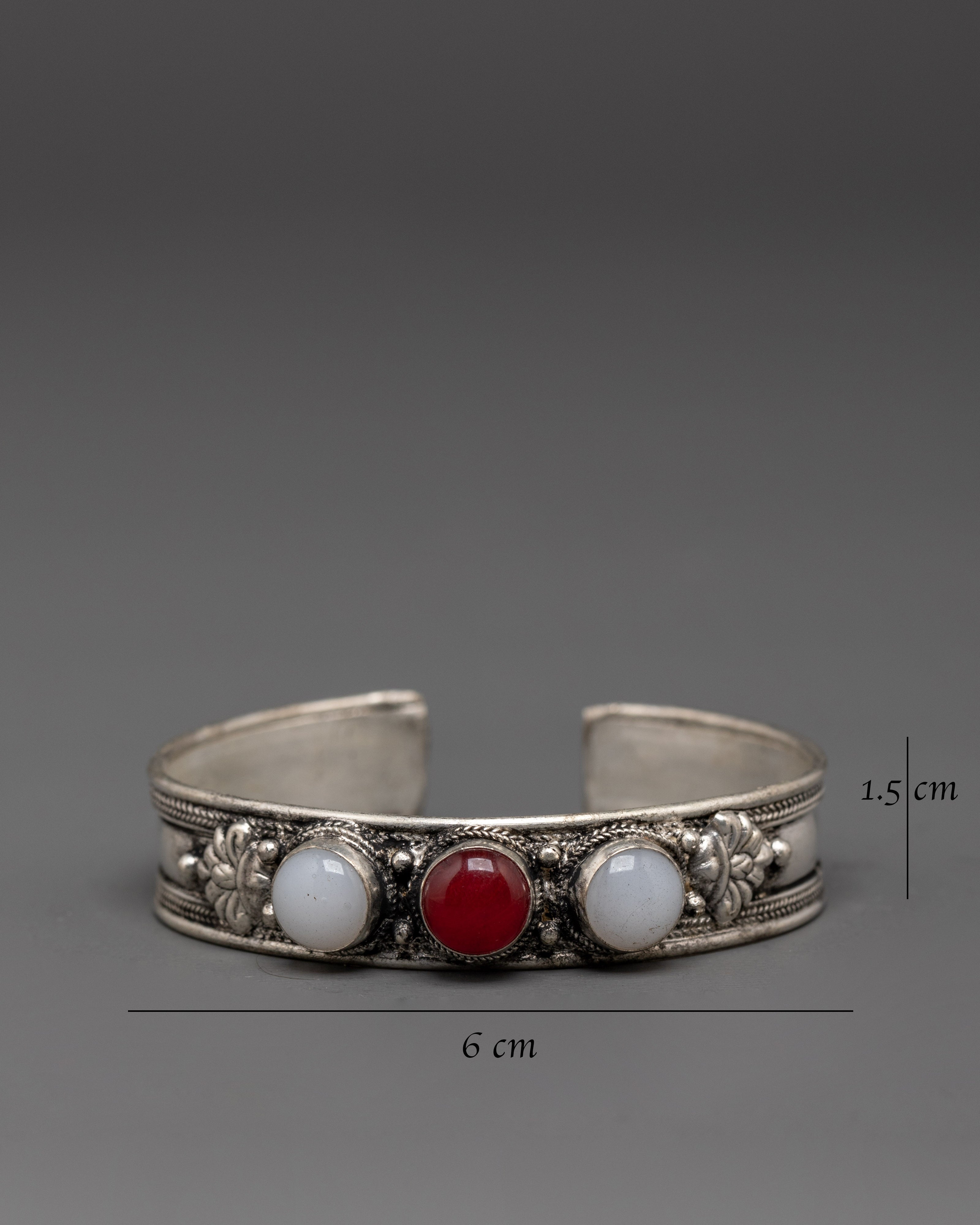 Handcrafted Himalayan Cuff Bracelet | White Agate Red Coral Jewelry