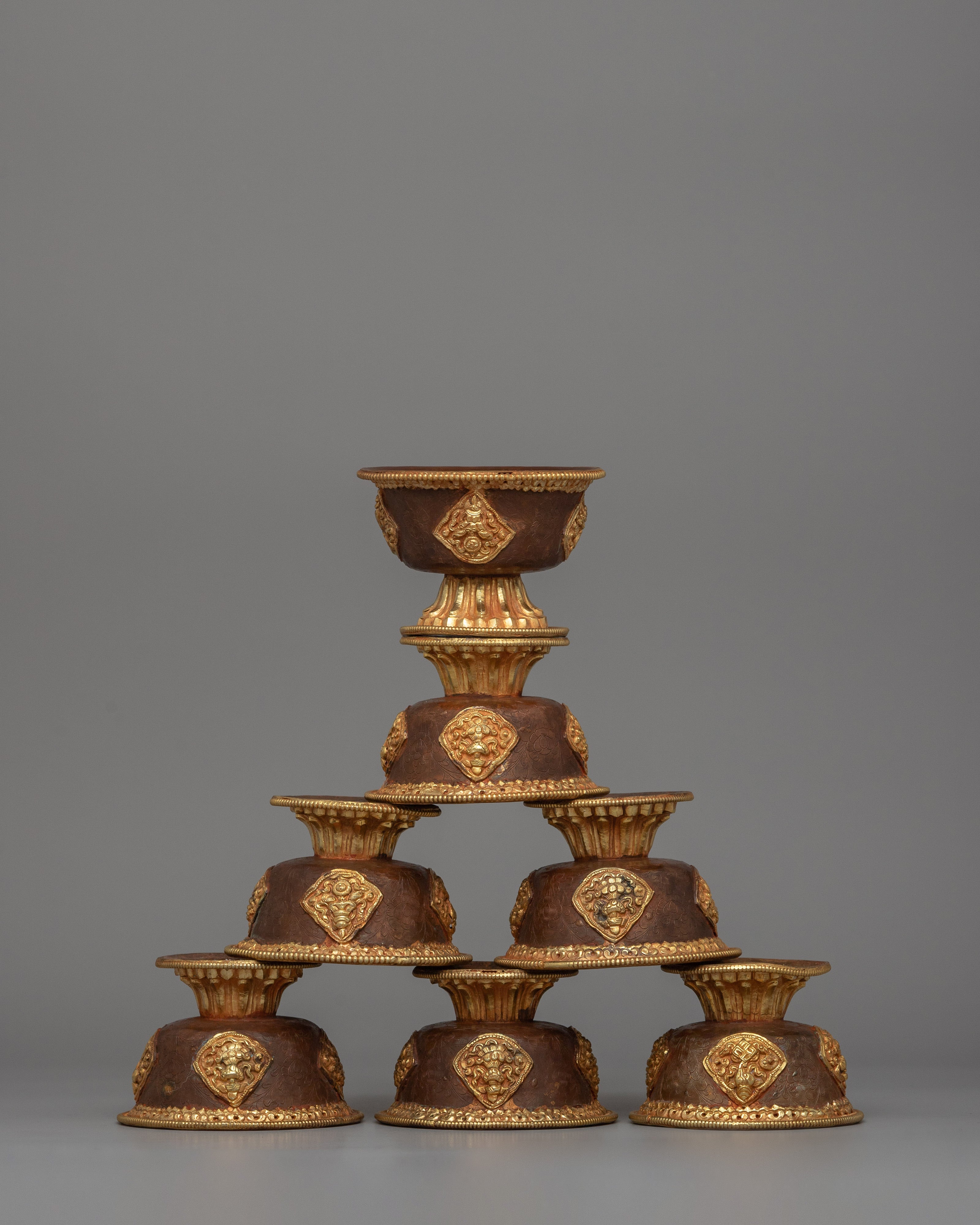 Gold-Plated Tibetan Offering Bowls | Copper Ritual Set for Buddhist Ceremonies