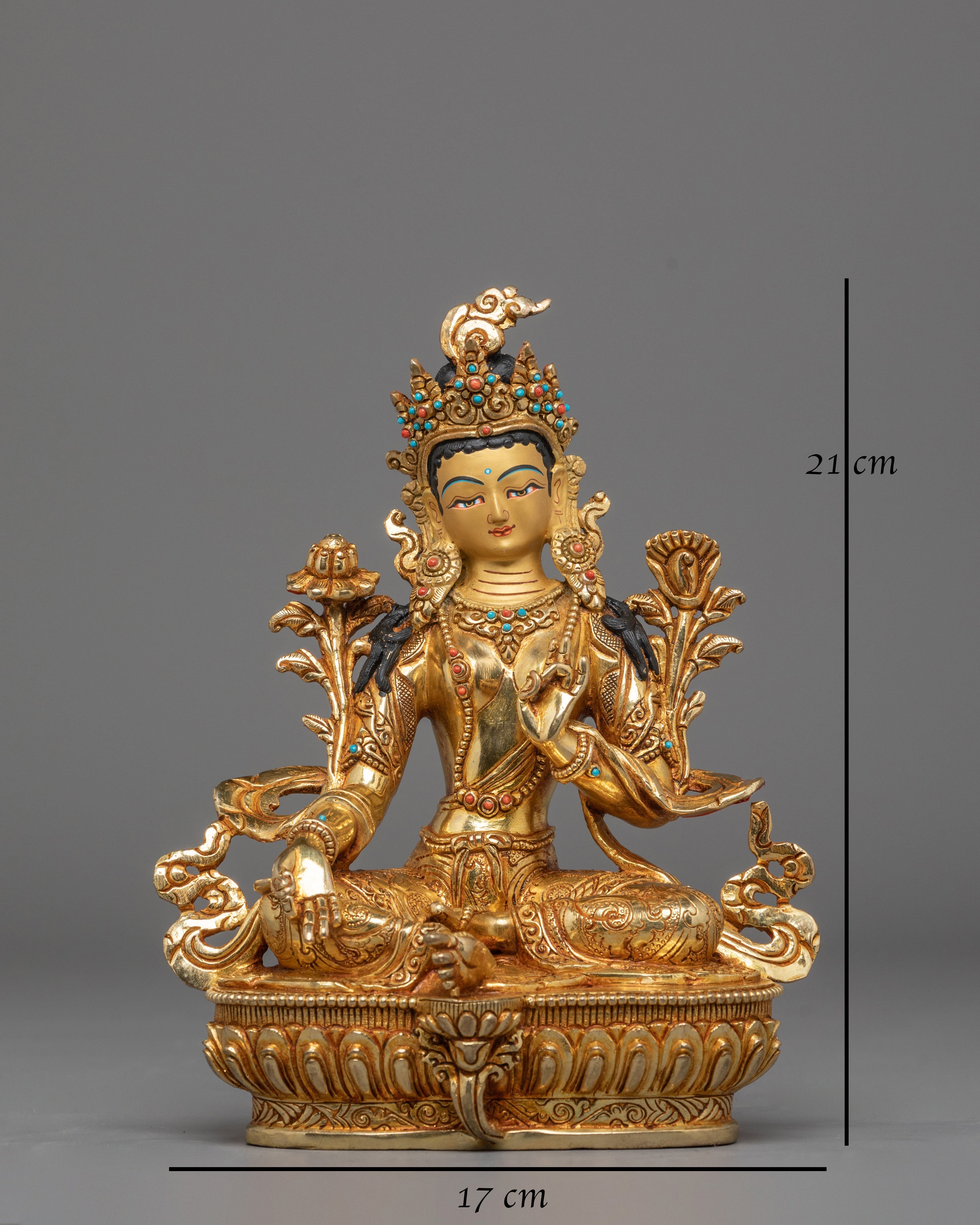 Mother Shyama Tara Sacred Statue | Gold Plated Copper Sculpture with Coral & Turquoise