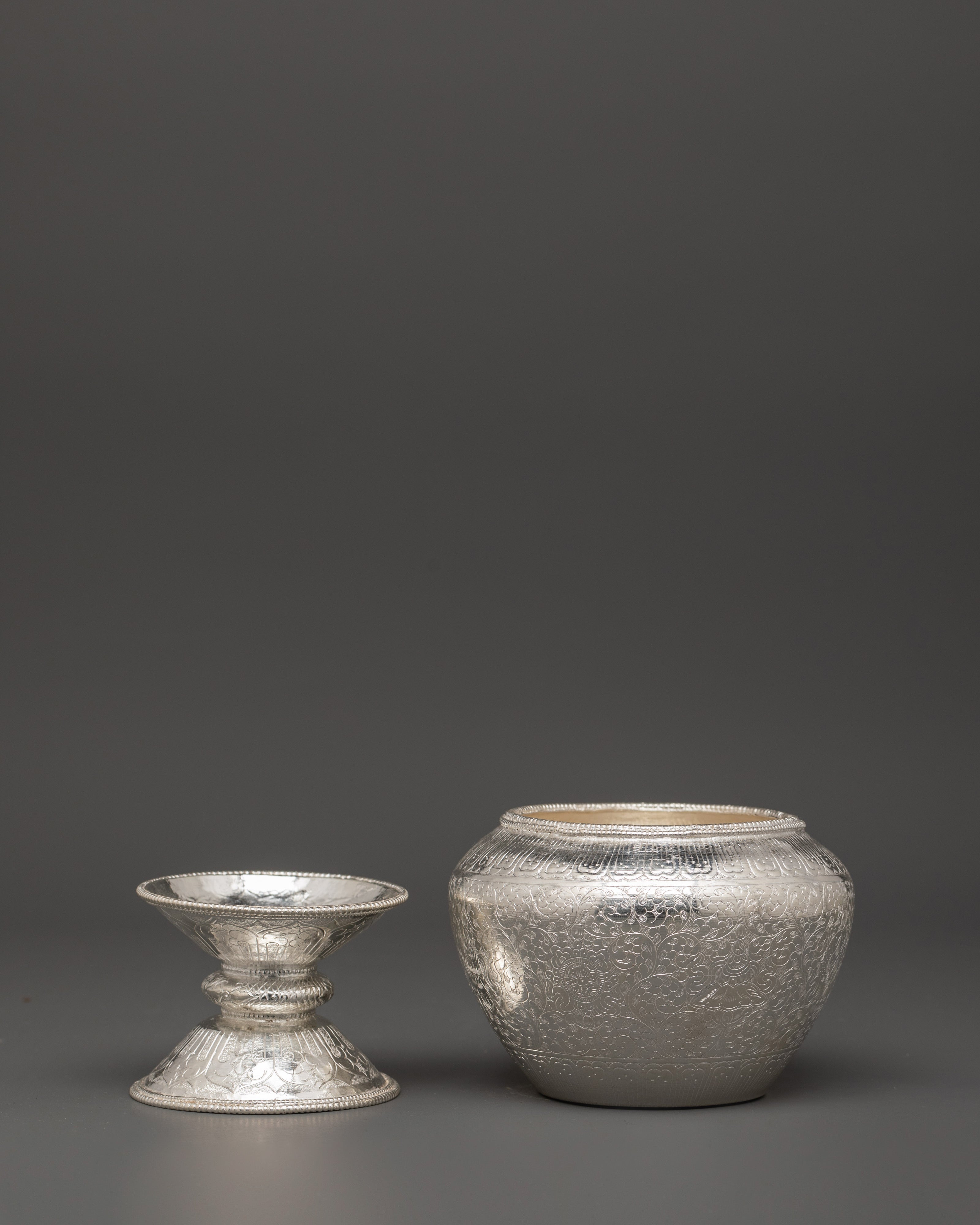 Tibetan Pure Silver Golpa Rice Pot with Stand | Sacred Offering Vessel