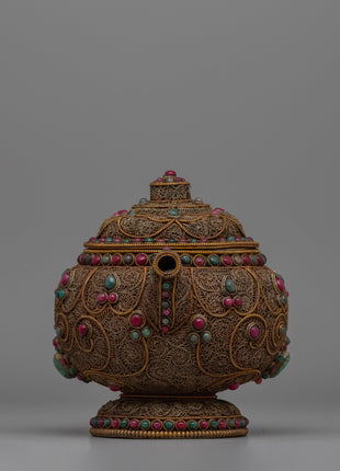 Authentic Tibetan Tea Pot | Decorative Copper Teapot with Buddhist Detailing