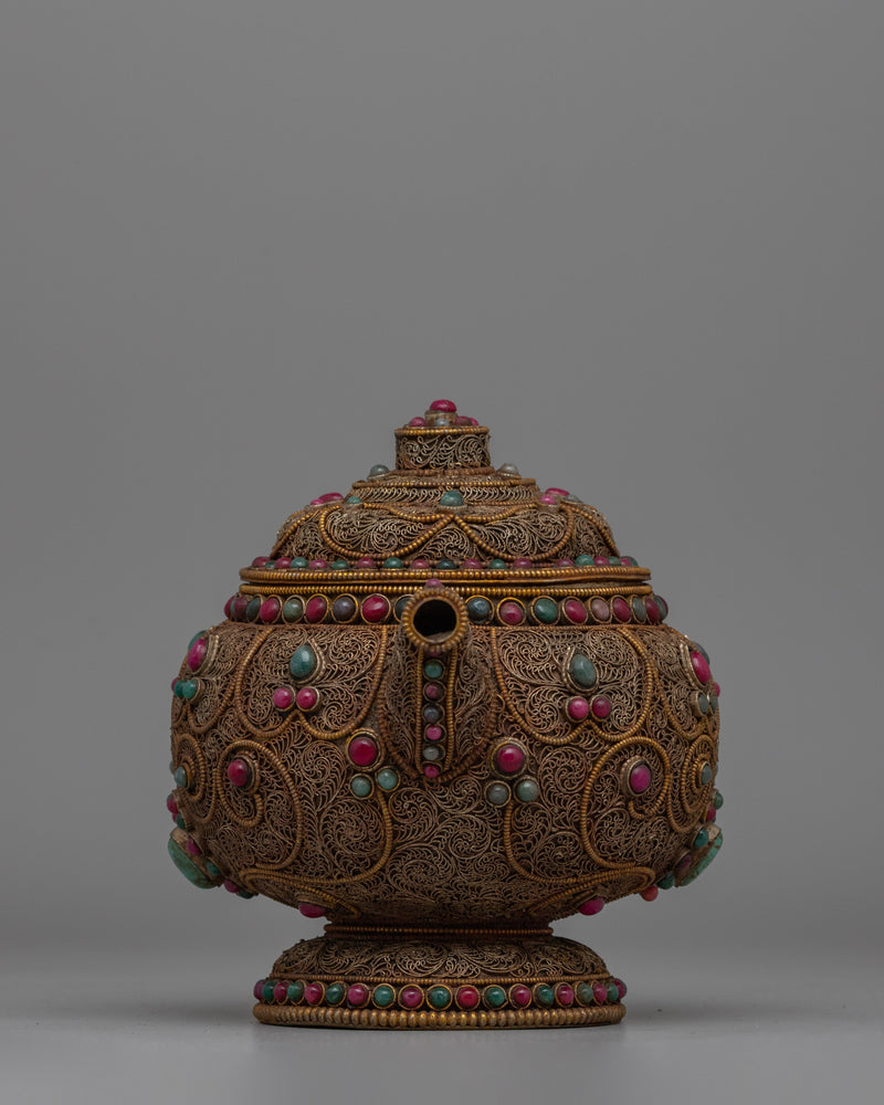 Authentic Tibetan Tea Pot | Decorative Copper Teapot with Buddhist Detailing