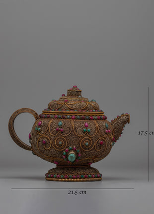 Authentic Tibetan Tea Pot | Decorative Copper Teapot with Buddhist Detailing