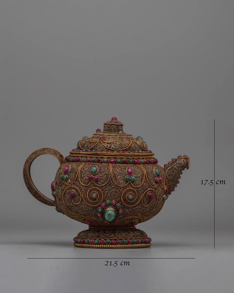 Authentic Tibetan Tea Pot | Decorative Copper Teapot with Buddhist Detailing