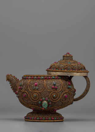 Authentic Tibetan Tea Pot | Decorative Copper Teapot with Buddhist Detailing
