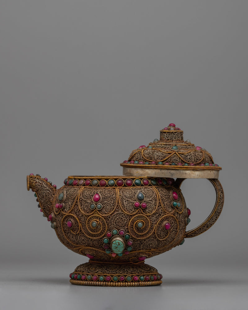 Authentic Tibetan Tea Pot | Decorative Copper Teapot with Buddhist Detailing