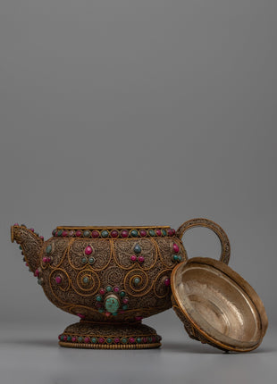 Authentic Tibetan Tea Pot | Decorative Copper Teapot with Buddhist Detailing