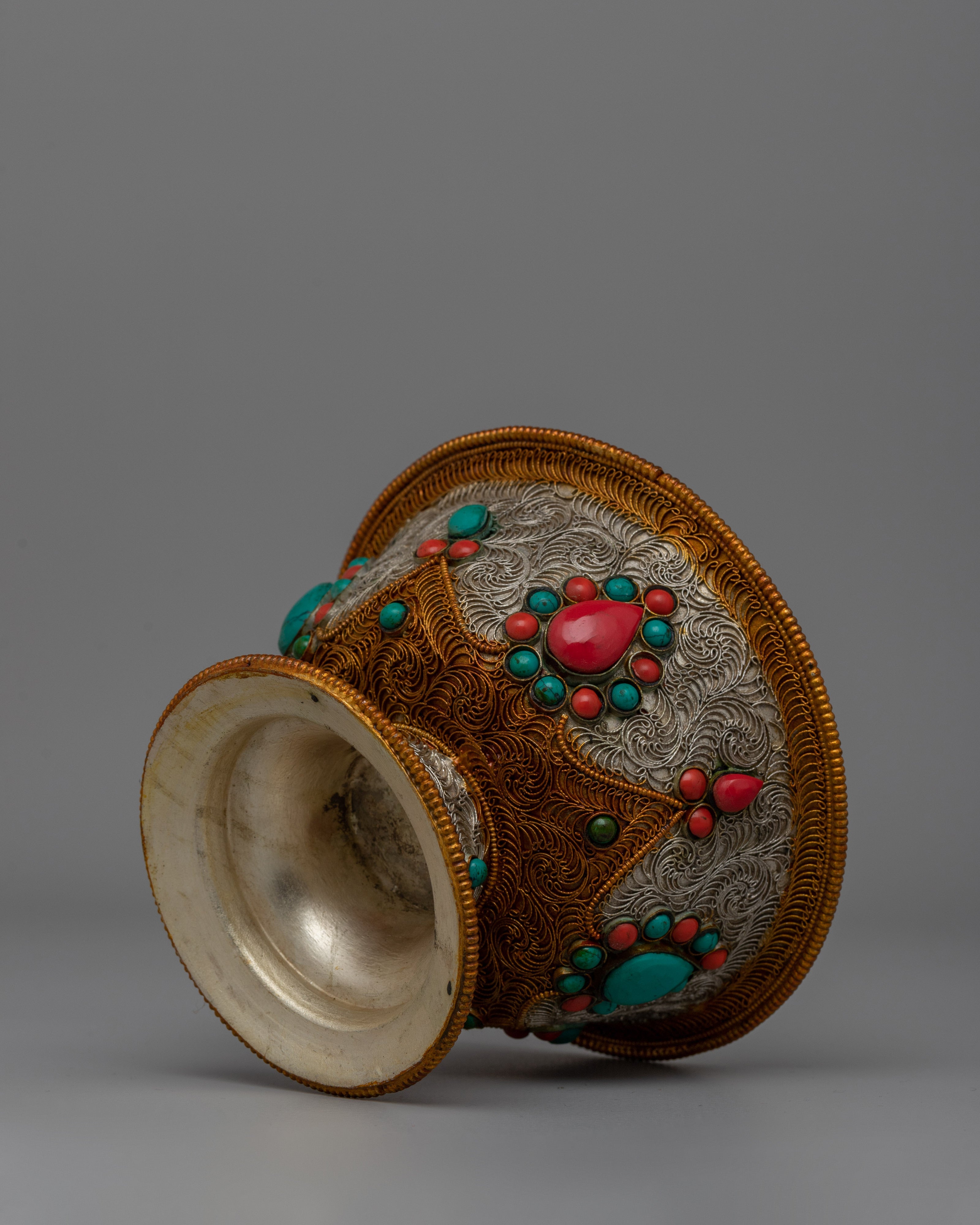 Elegant Lapis Lazuli & Coral Adornments Offering Bowl Set | Buddhist Altar