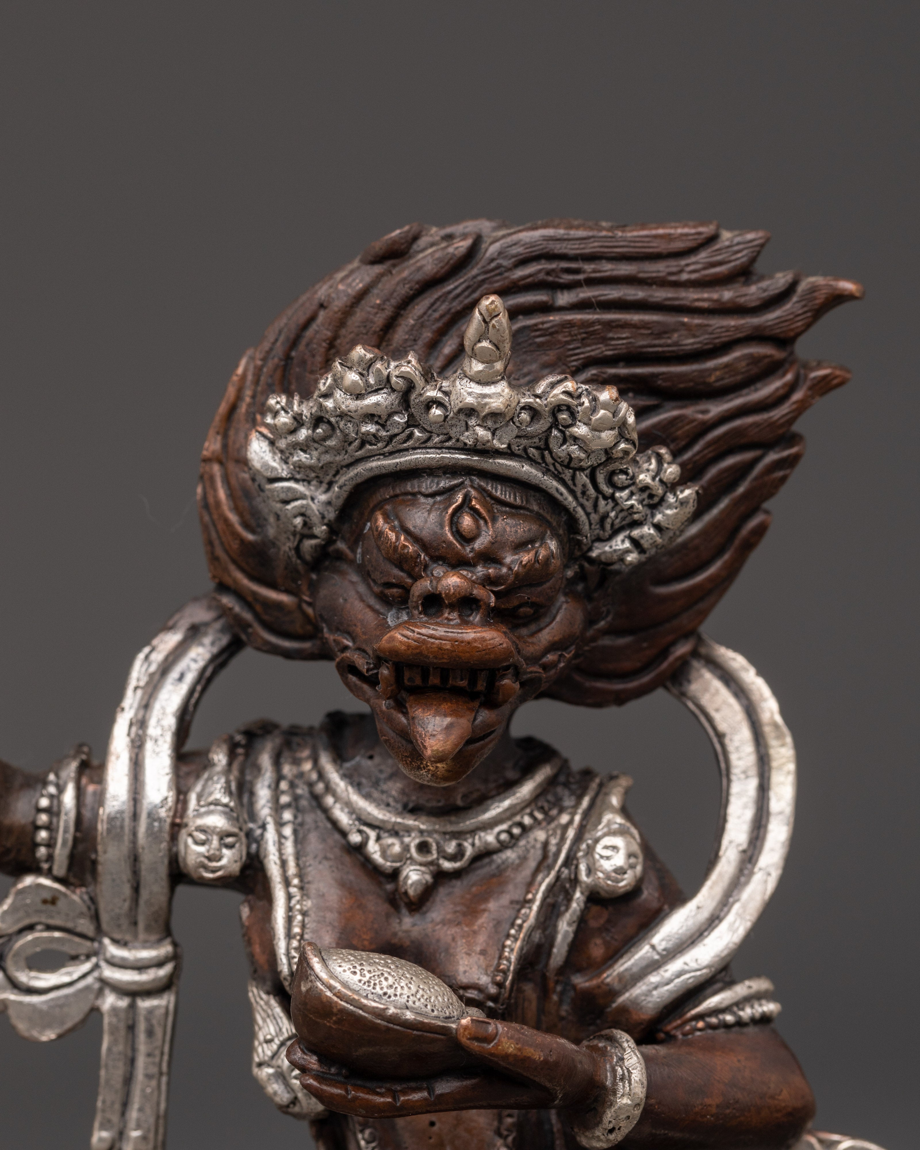 Yogini Simhamukha Statue | Sacred Oxidized Copper & Silver-Plated Sculpture