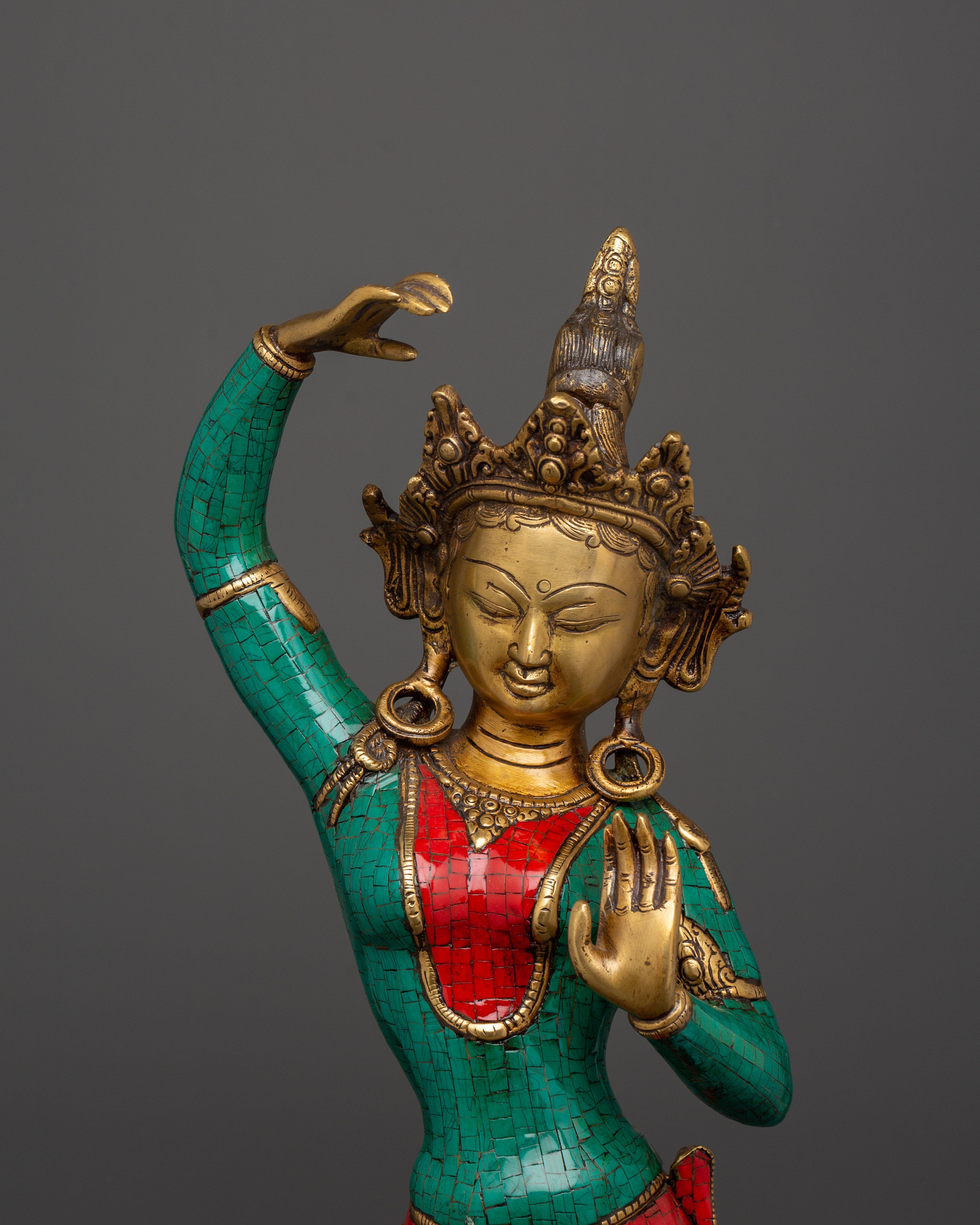 Maya Devi Brass Statue | Brass Sculpture with Turquoise & Coral Inlay