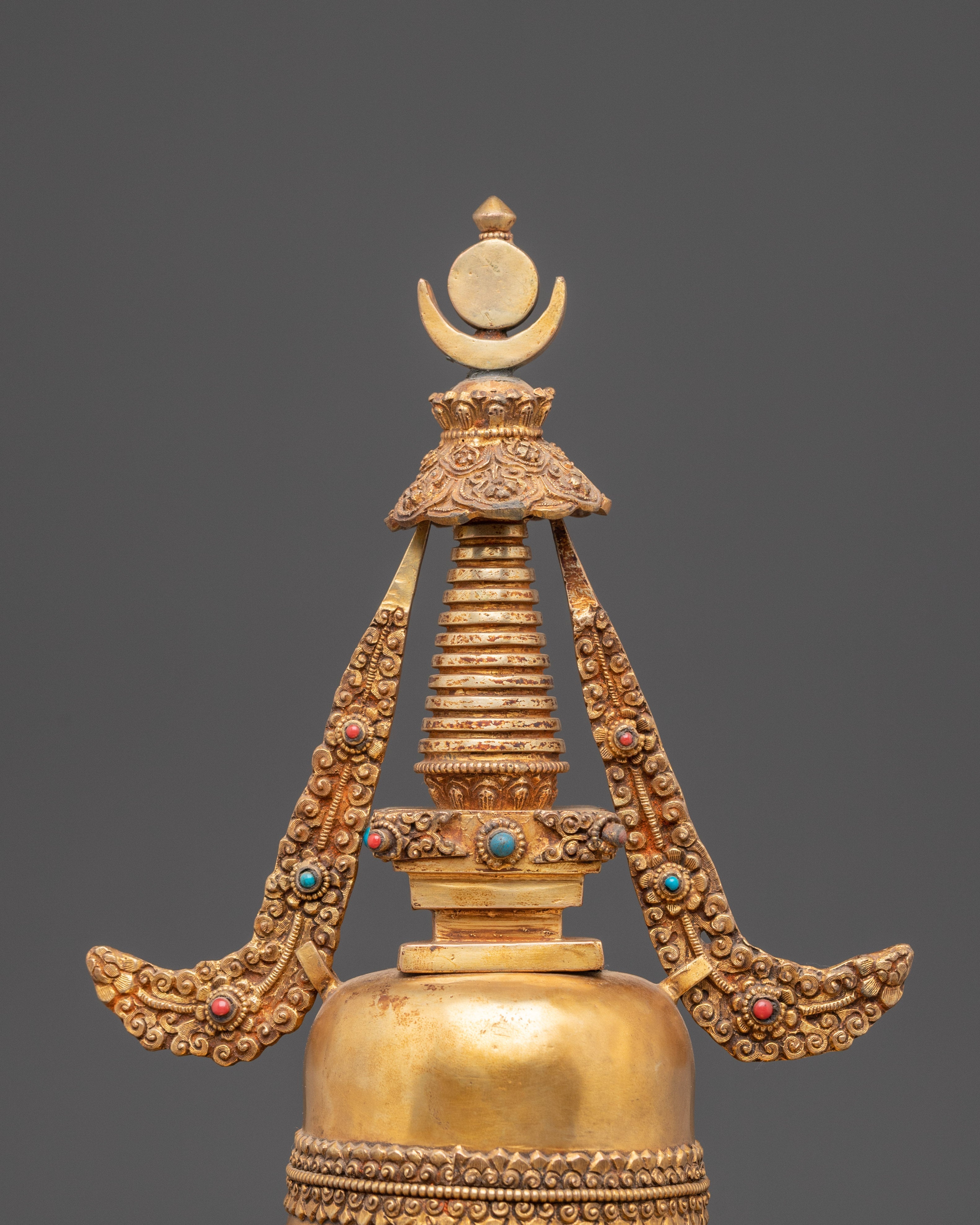 Sacred Buddhist Stupa Monument | Gold Plated Copper with Turquoise Inlay